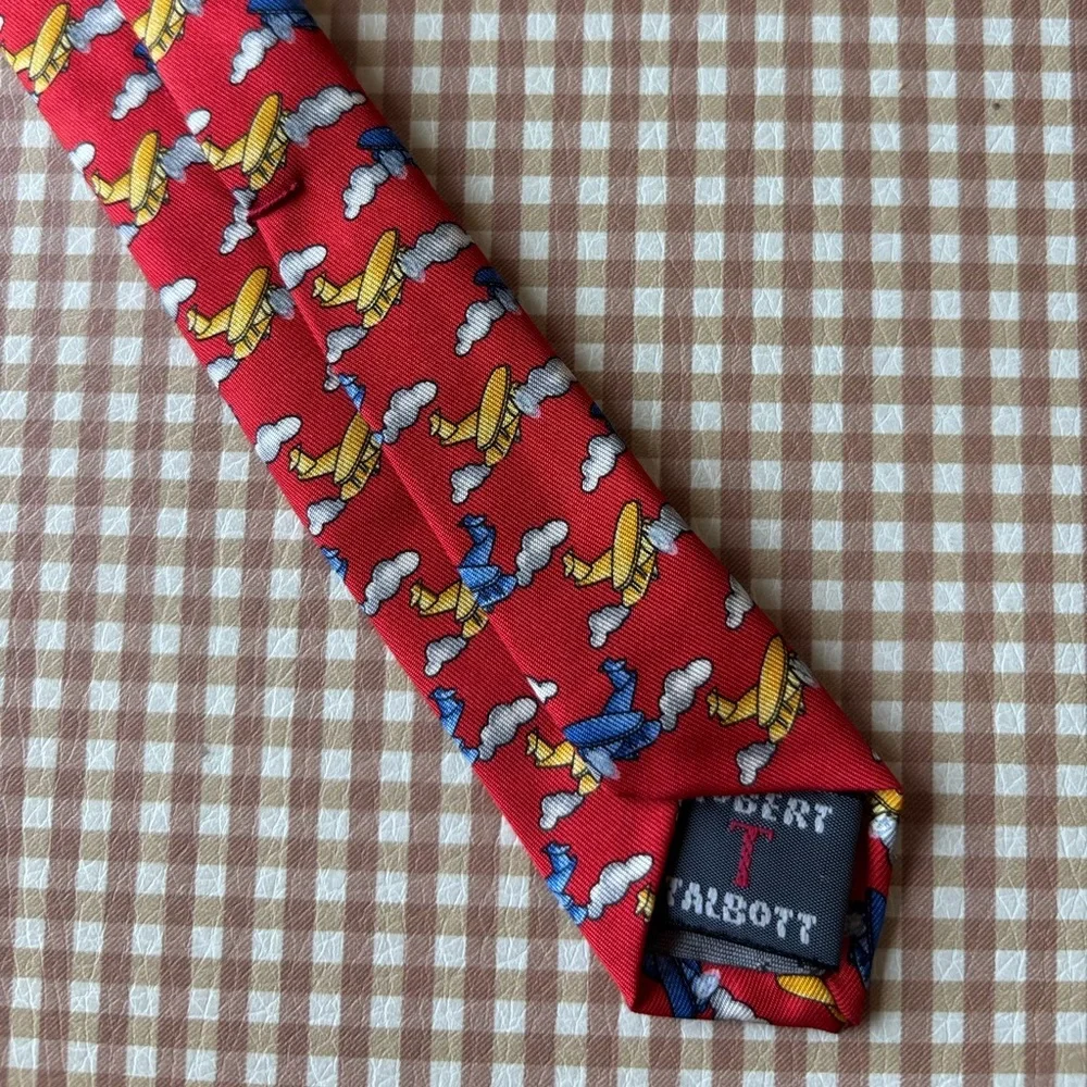 Robert Talbott Silk Print Tie - Airplanes red. Hand‎ sewn Made in USA. Classic